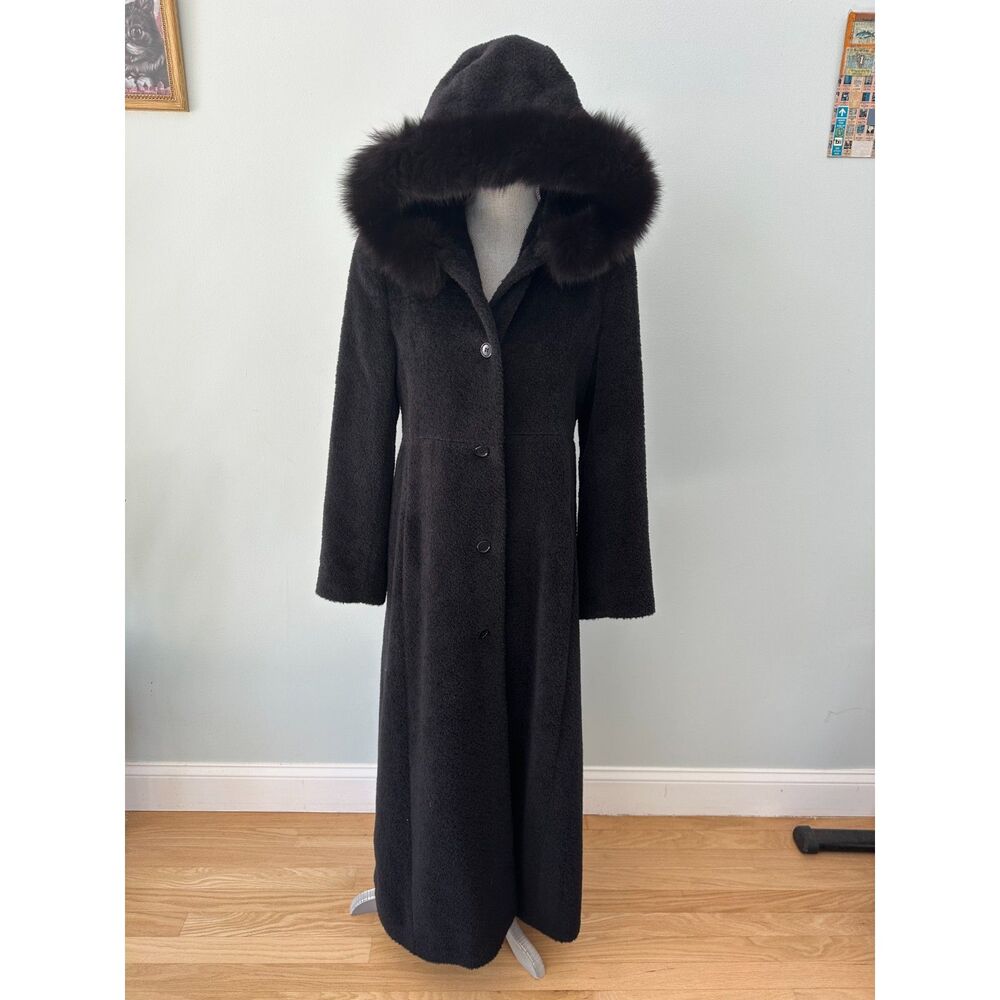 Steve by Searle Long Black Hooded Wool Coat Fur Trim Maxi Winter Elegant sz 10